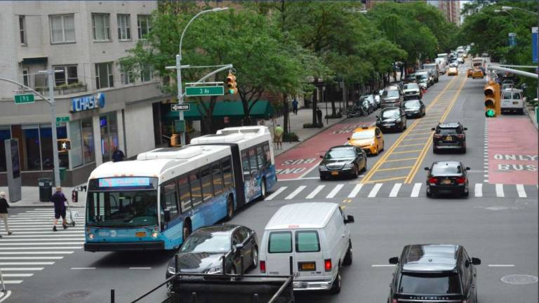 The DOT added three-quarters of a mile of new bus lane along the M79 route as part of select bus service implementation, which transit officials say contributed to increased bus speeds and ridership. Photo: MTA/NYC DOT